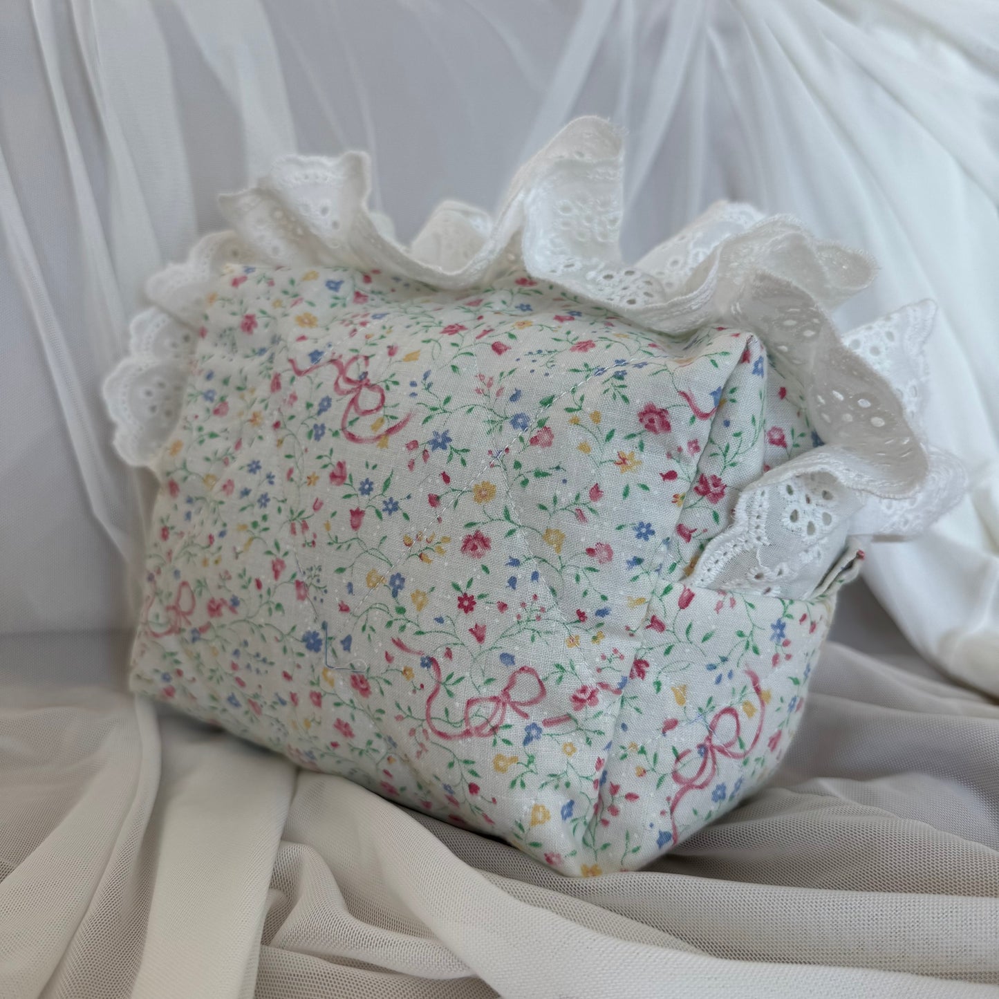 Rosy Ribbonette Quilted Makeup Bag